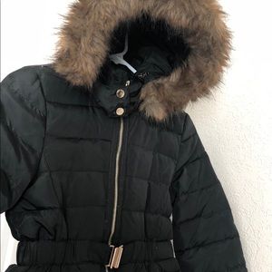 Zara Black Faux Fur Hooded Down Jacket w Gold